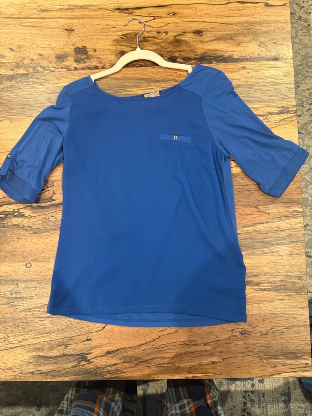 The Limited Blue Short Sleeve Blouse with Pocket Detail